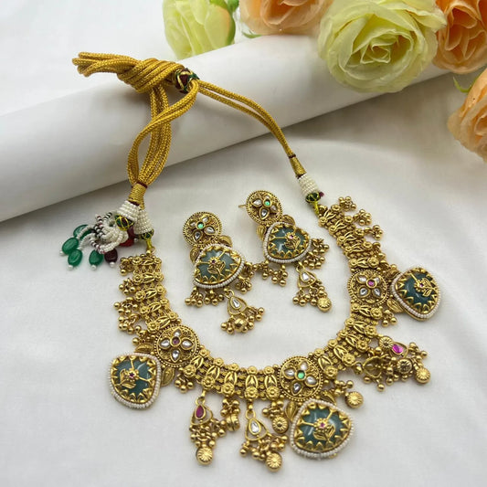 Antique Gold Meenakari Necklace Set, Green Pendant, Traditional Bridal Jewelry