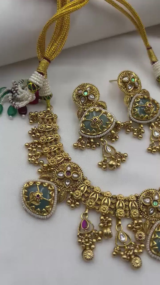 Antique Gold Meenakari Necklace Set, Green Pendant, Traditional Bridal Jewelry
